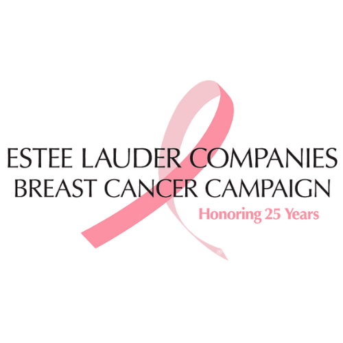 Pink awareness ribbon with black text about breast cancer campaign by Estée Lauder Companies.