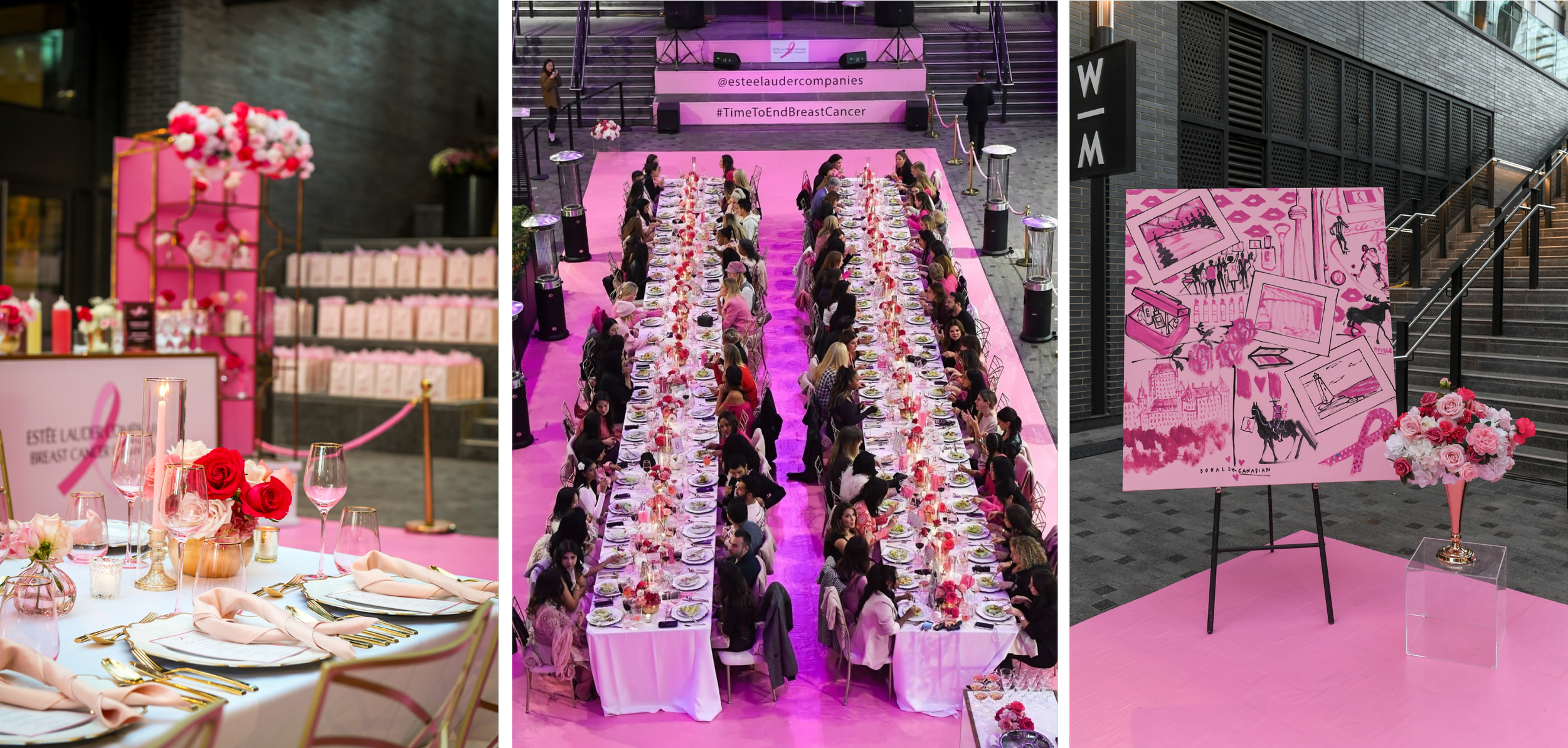A fundraising event for breast cancer awareness featuring pink decorations, including table settings with pink flowers, a long banquet table with many guests, and an art display with pink-themed artwork.