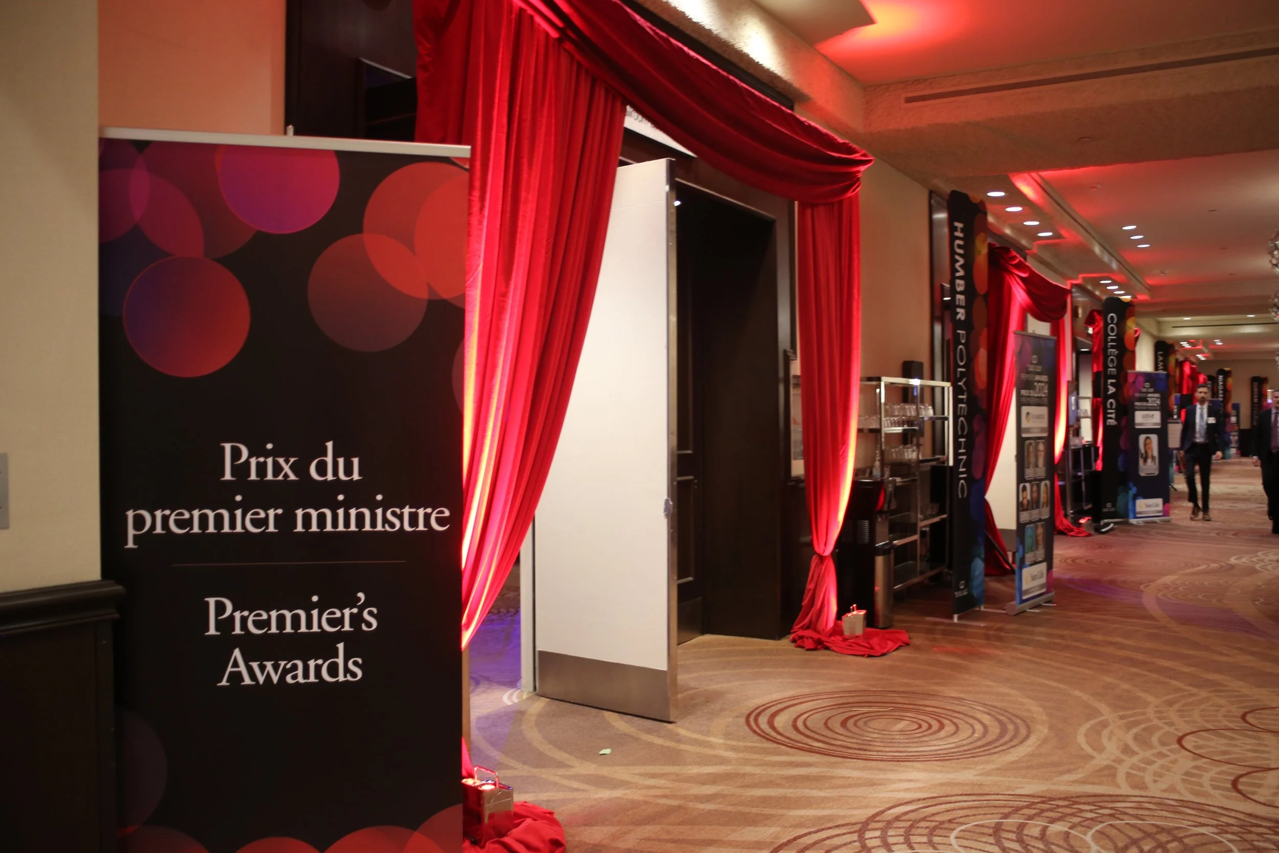 "Prix du premier ministre" and "Premier's Awards. Gala 800+ Guests The Sheraton Toronto  Conference Full service Design by Alexandria Design House. 