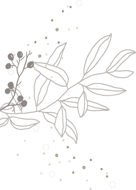 White line drawing of leaves and small flowers with scattered white and gray dots on a black background.