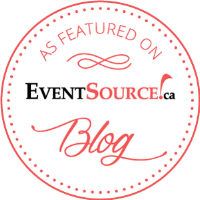 A circular logo with red dotted border that reads 'As Featured on EventSource.ca Blog' in black and red text.