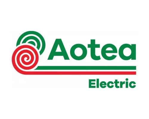 Aotea Electric logo in green and red with spiral design
