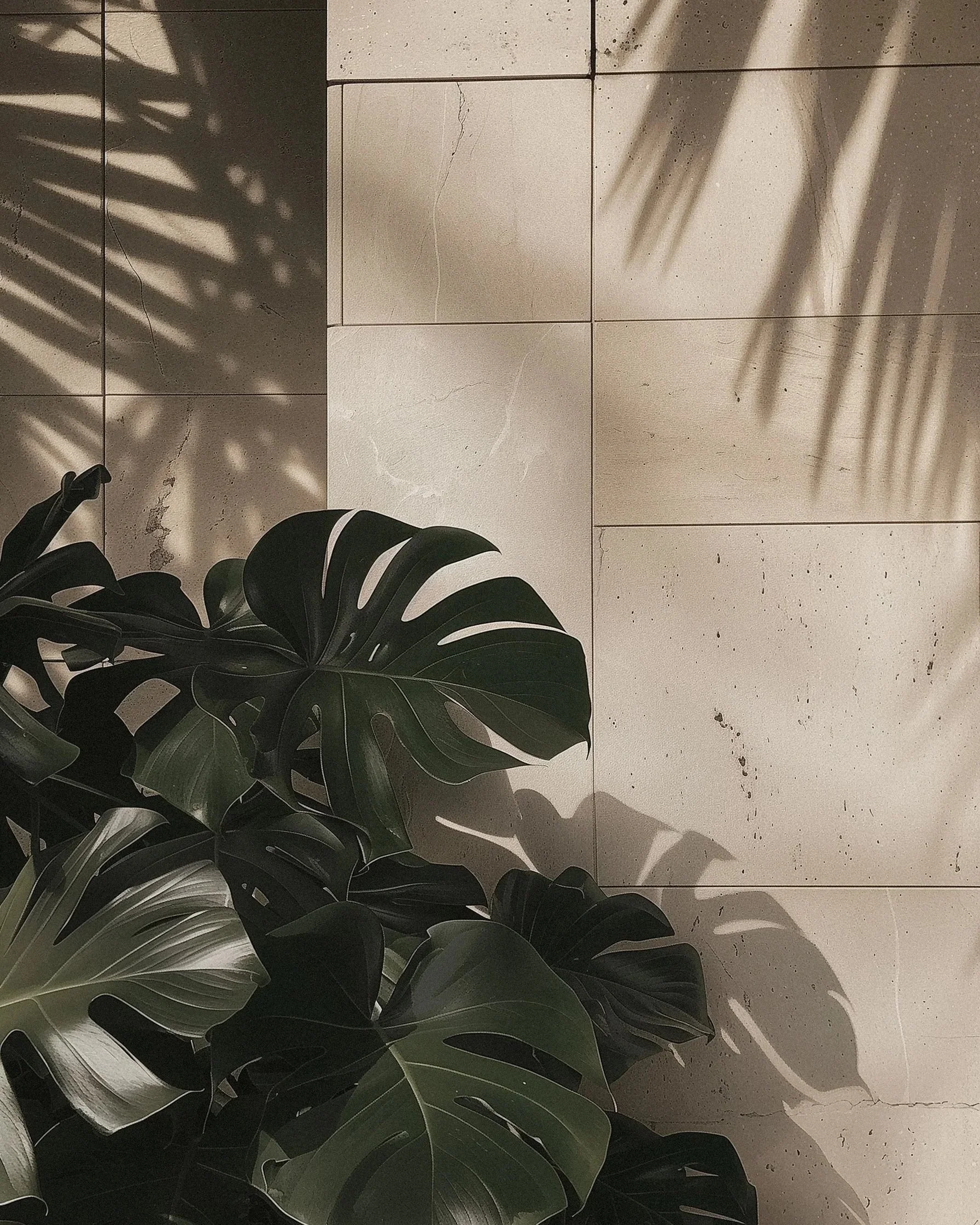Shadow of a plant creating patterns on a tiled floor