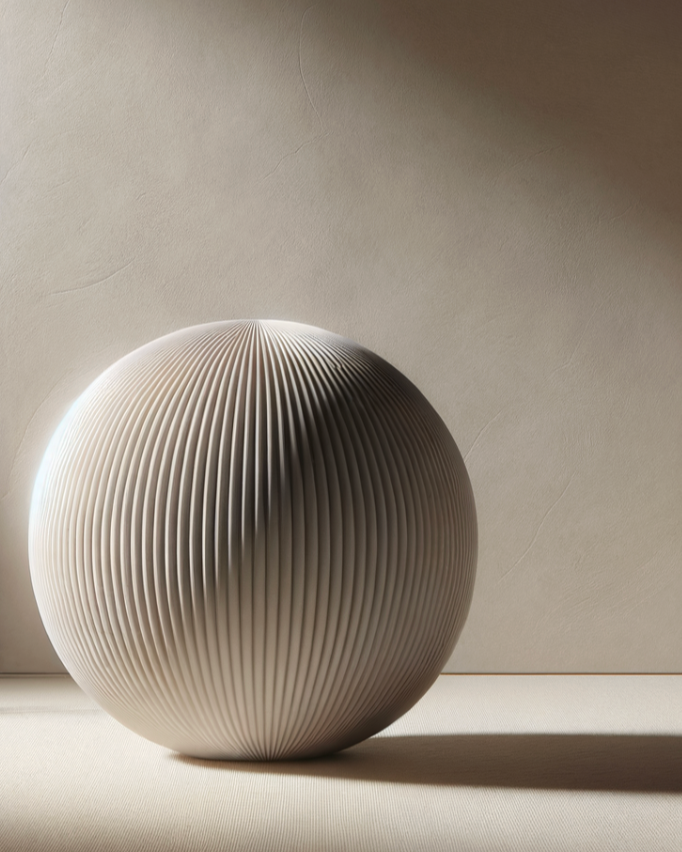 A beige ribbed spherical object on a flat beige surface, casting a shadow against a matching beige wall.