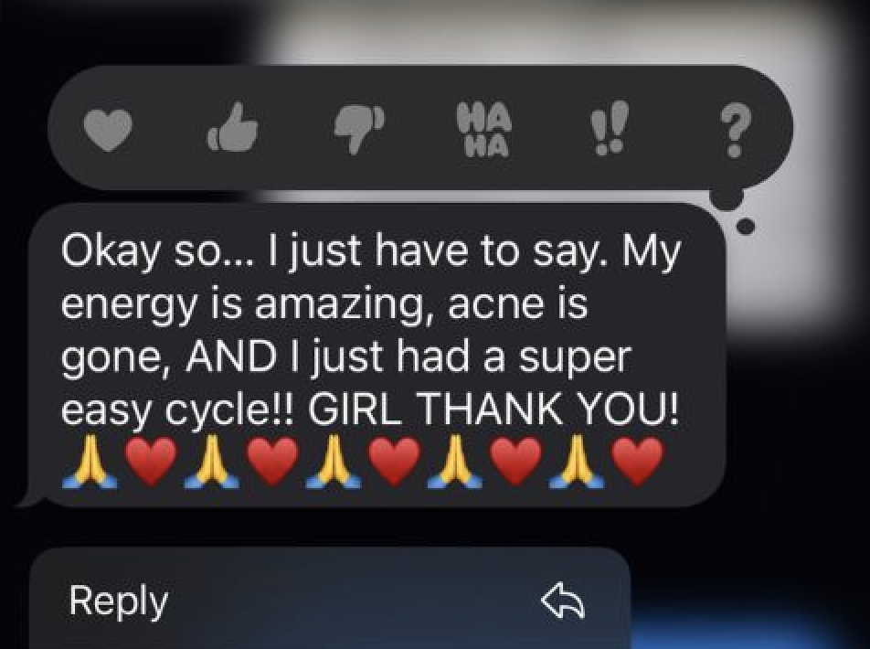 Screen shot of a message expressing gratitude after experiencing a positive cycle, with emojis of hearts, praying hands, thumbs up, and exclamation points.