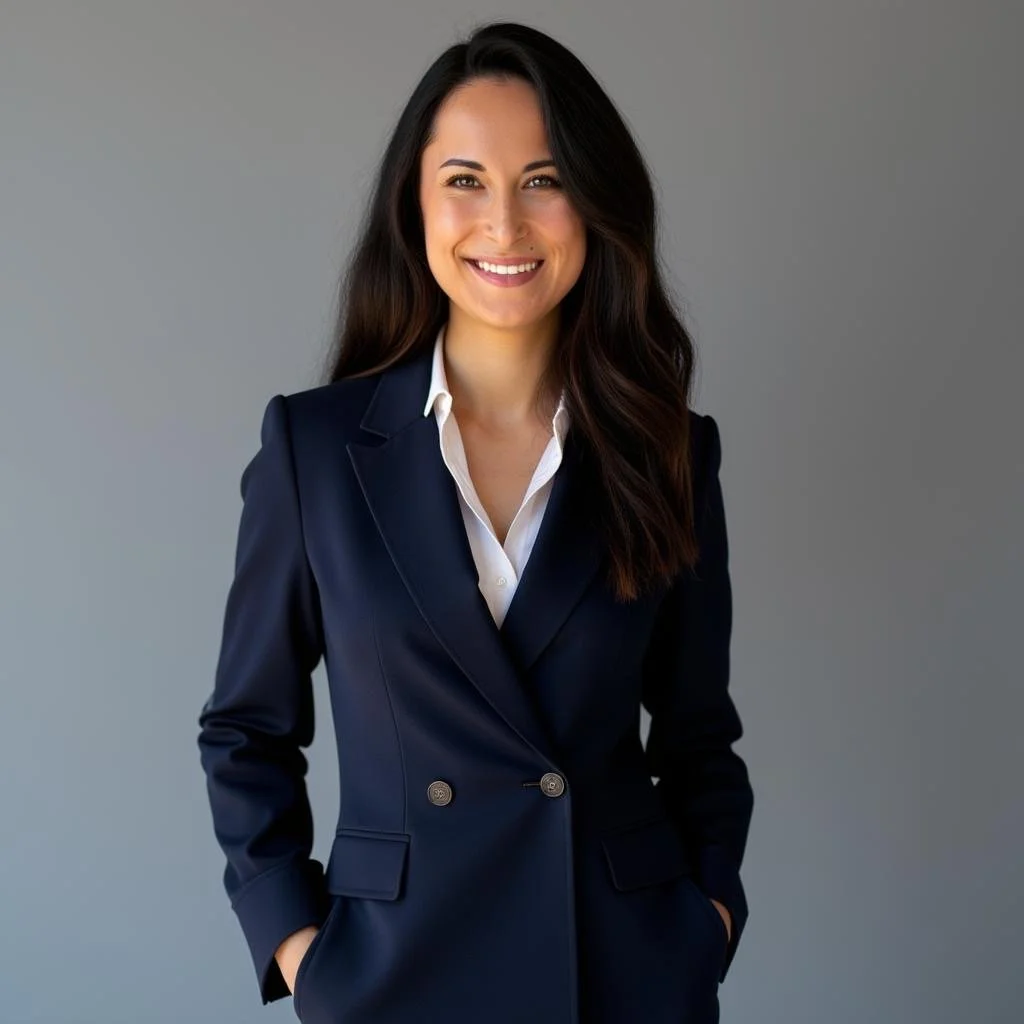 A woman with long dark hair smiling, wearing a navy blazer and white shirt, standing against a plain gray background.