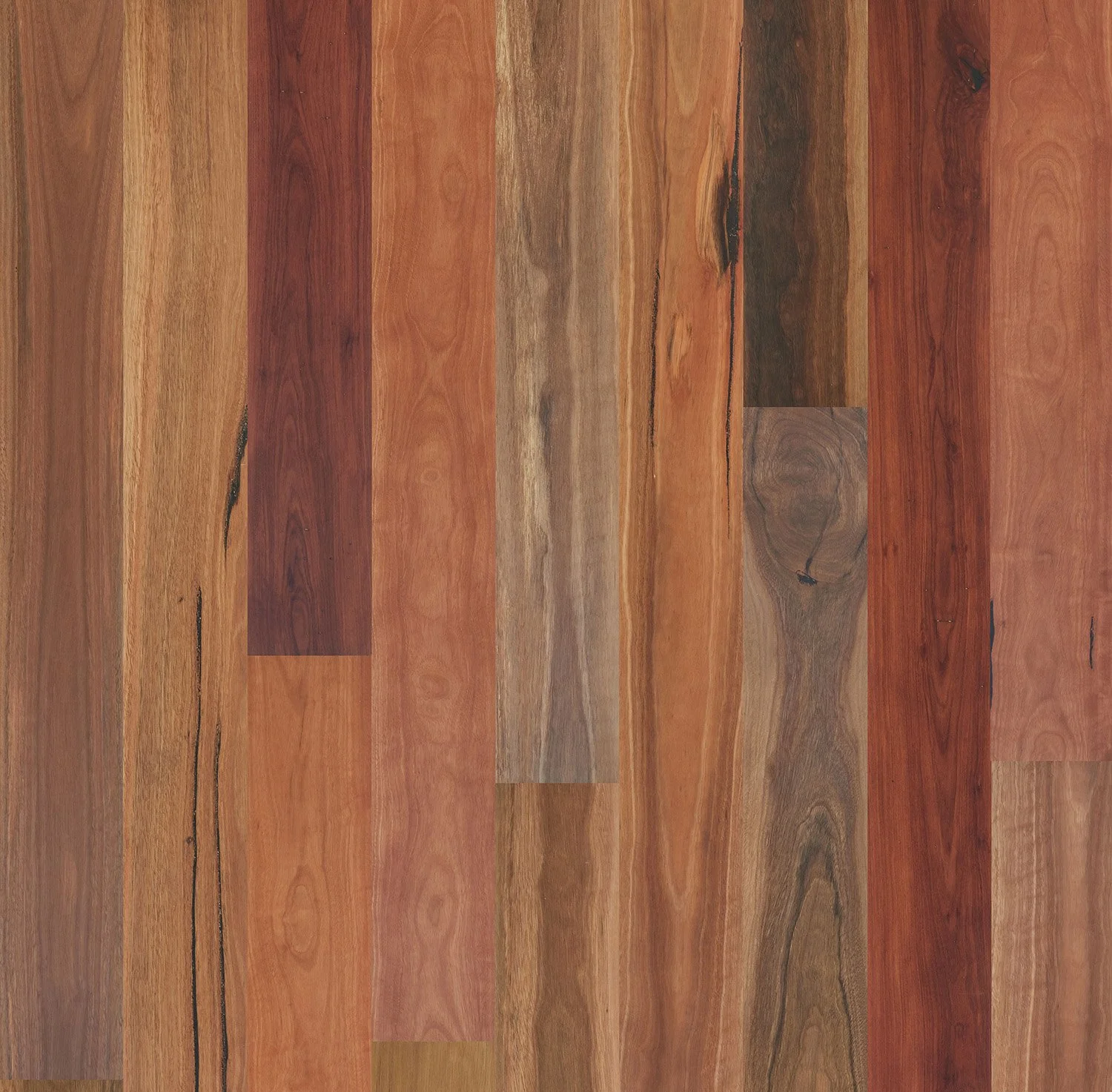 Various strips of polished hardwood flooring in different shades of brown and reddish tones.