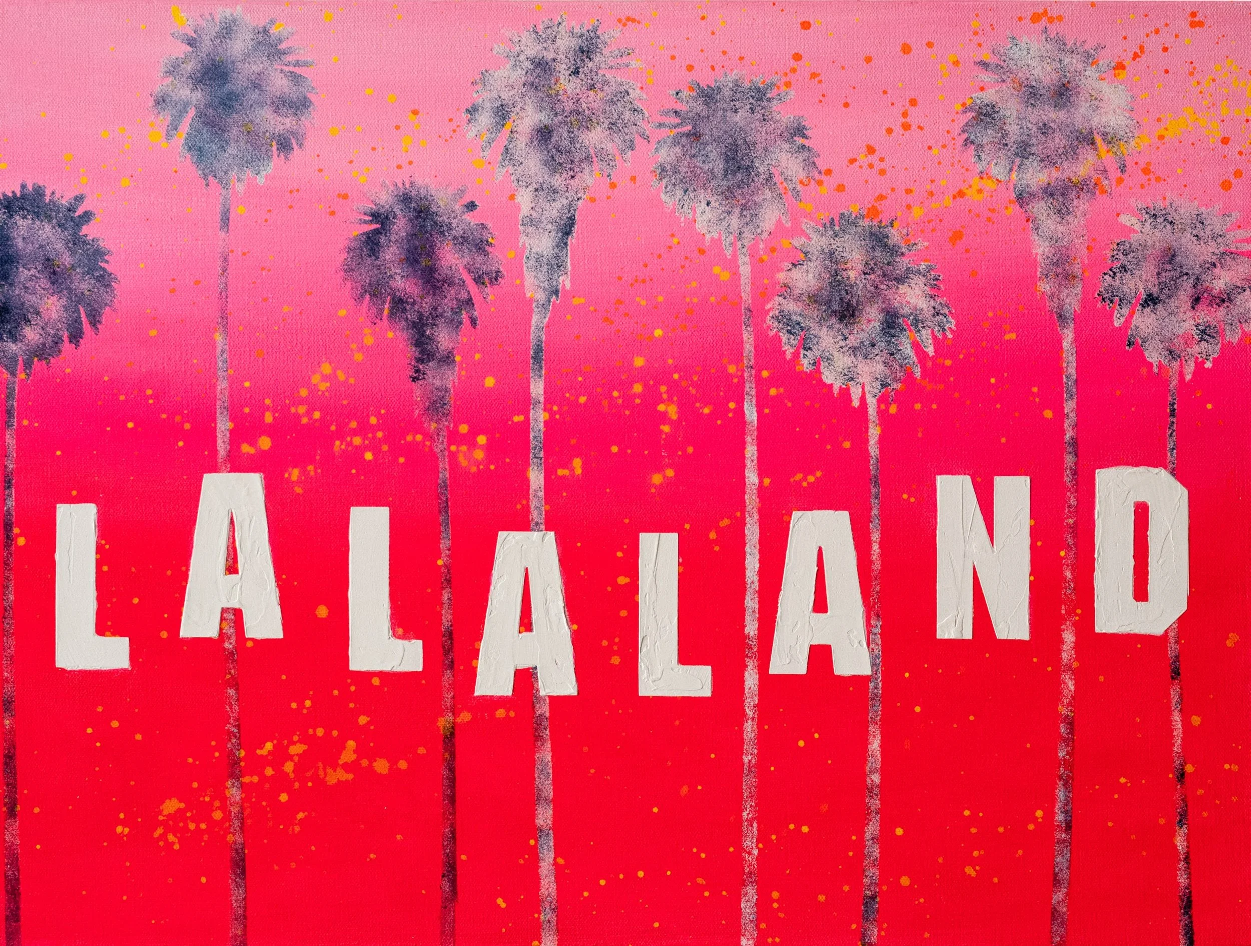 A colorful poster with a pink background featuring silhouettes of tall palm trees in purple and gray. The poster has the words 'CALIFORNIA' in large white letters across the bottom, with yellow and orange paint splatters scattered throughout.