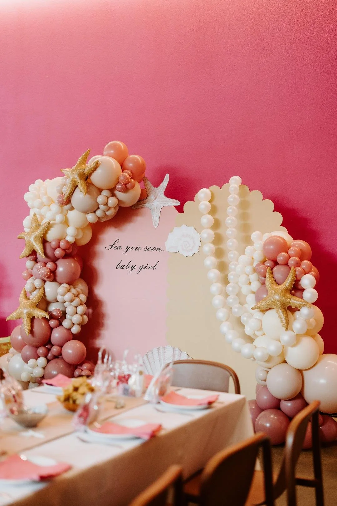 Sea you Soon Baby girl theme double backdrop setup.