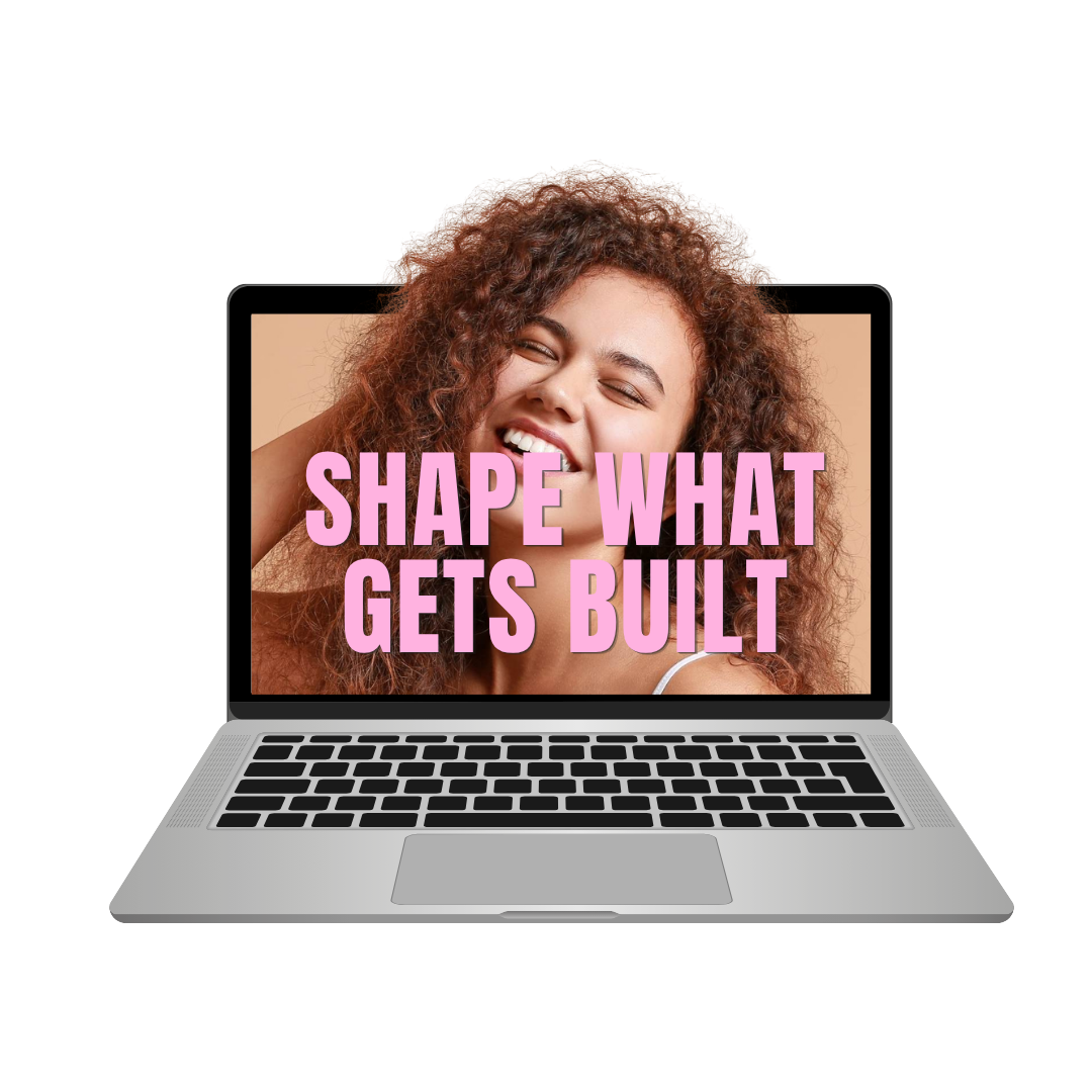 Laptop mockup with the screen reading 'Shape What Gets Built', overlaid on a photo of a smiling woman with curly hair
