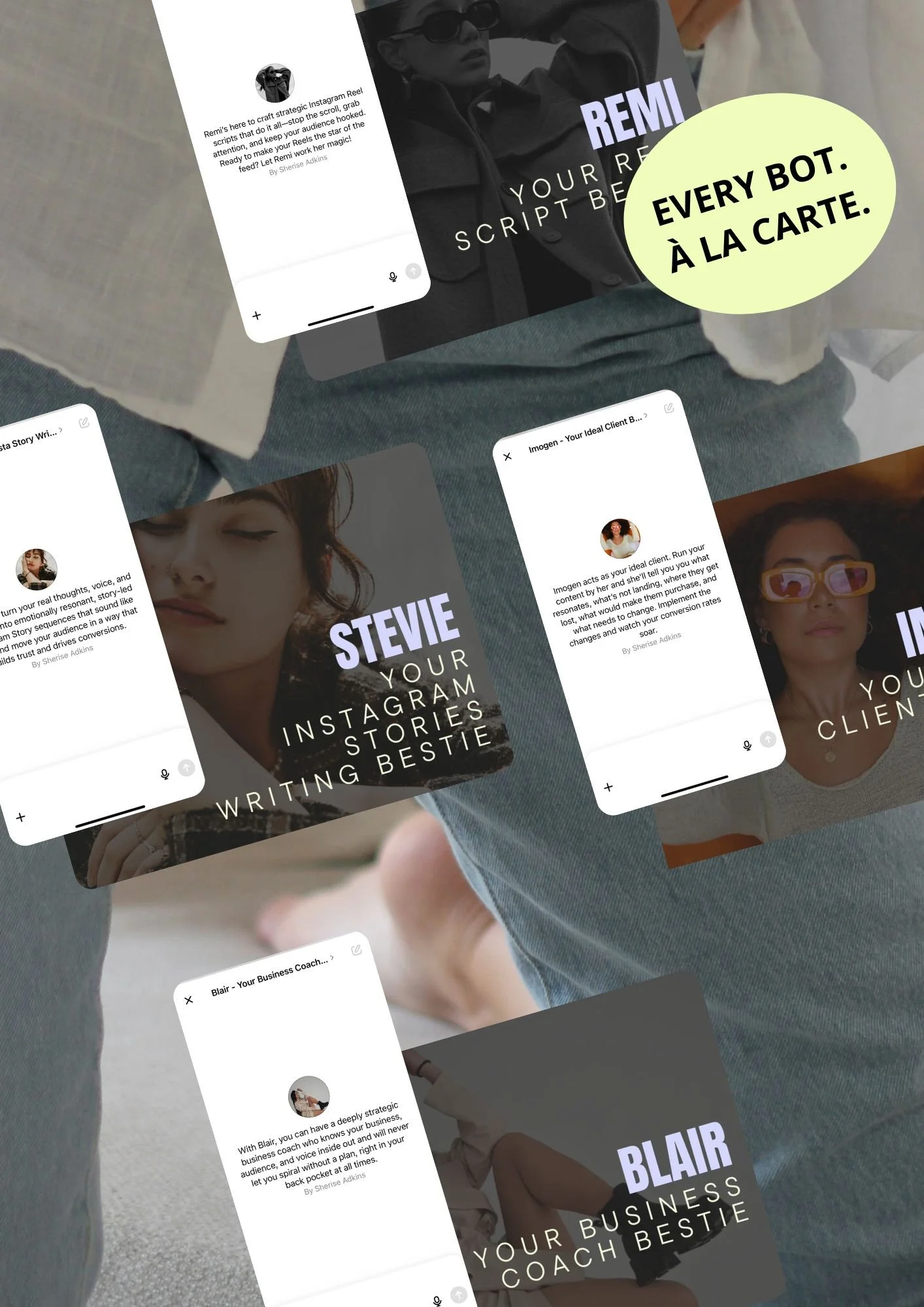 Collage of overlapping AI assistant chat-interface mockups on phone screens layered over a photo of folded knit clothing, with a speech-bubble graphic reading 'Every bot. À la carte.'