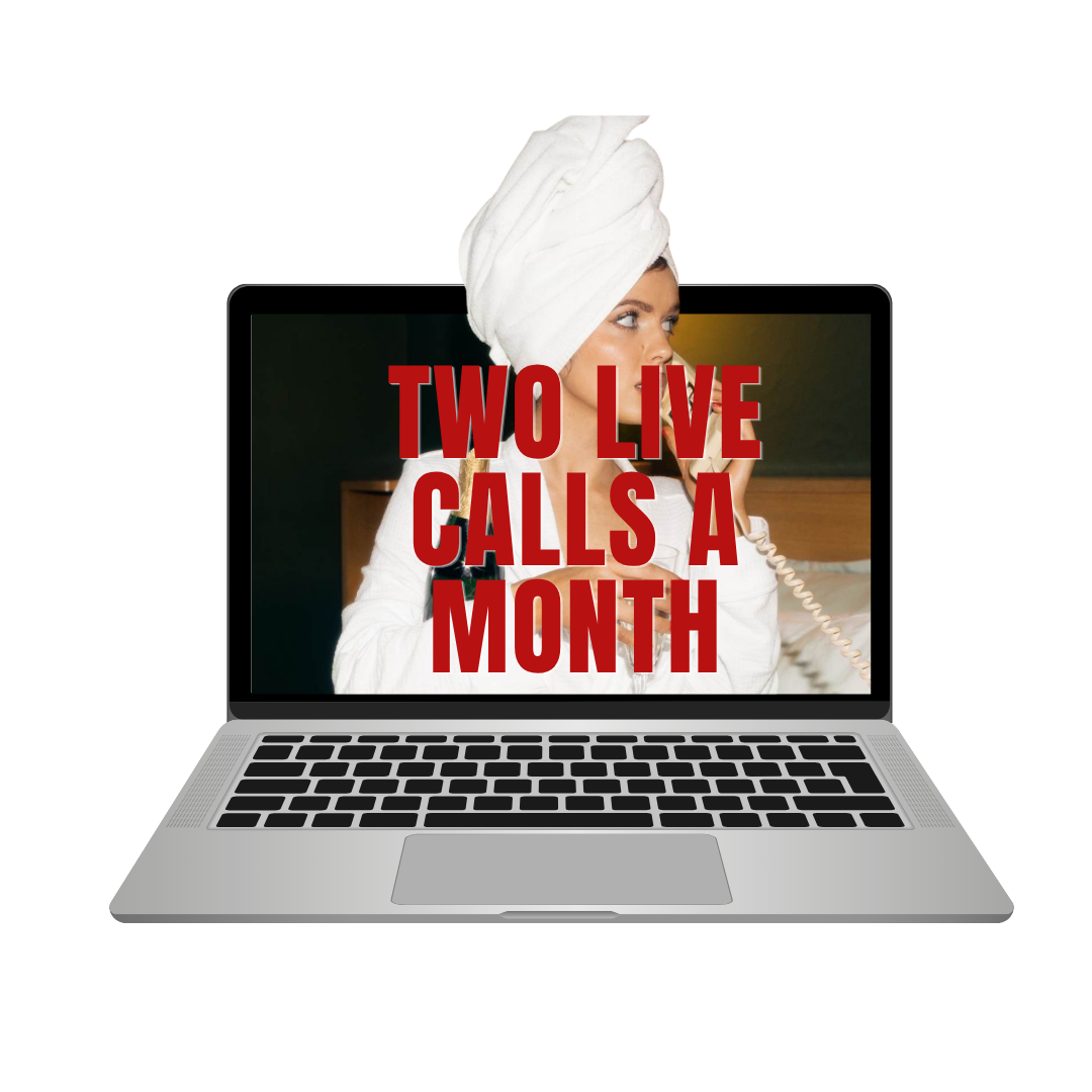 Laptop mockup with the screen reading 'Two Live Calls a Month', overlaid on a photo of a woman wearing a white towel head wrap