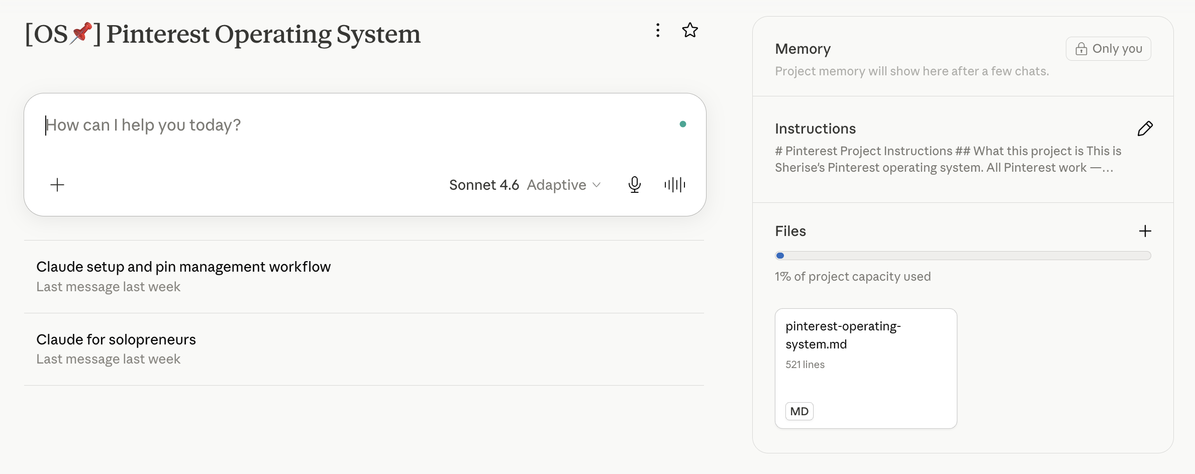 Screenshot of a Claude Project called "[OS] Pinterest Operating System", showing the chat box, chat history, a Memory panel, an Instructions panel and a Files list containing pinterest-operating-system.md.