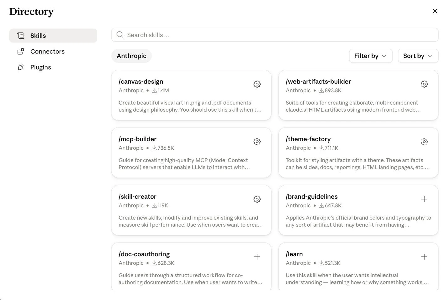 Screenshot of Claude's Skills Directory filtered to Anthropic, listing canvas-design, web-artifacts-builder, mcp-builder, theme-factory, skill-creator, brand-guidelines, doc-coauthoring and learn with install counts and descriptions