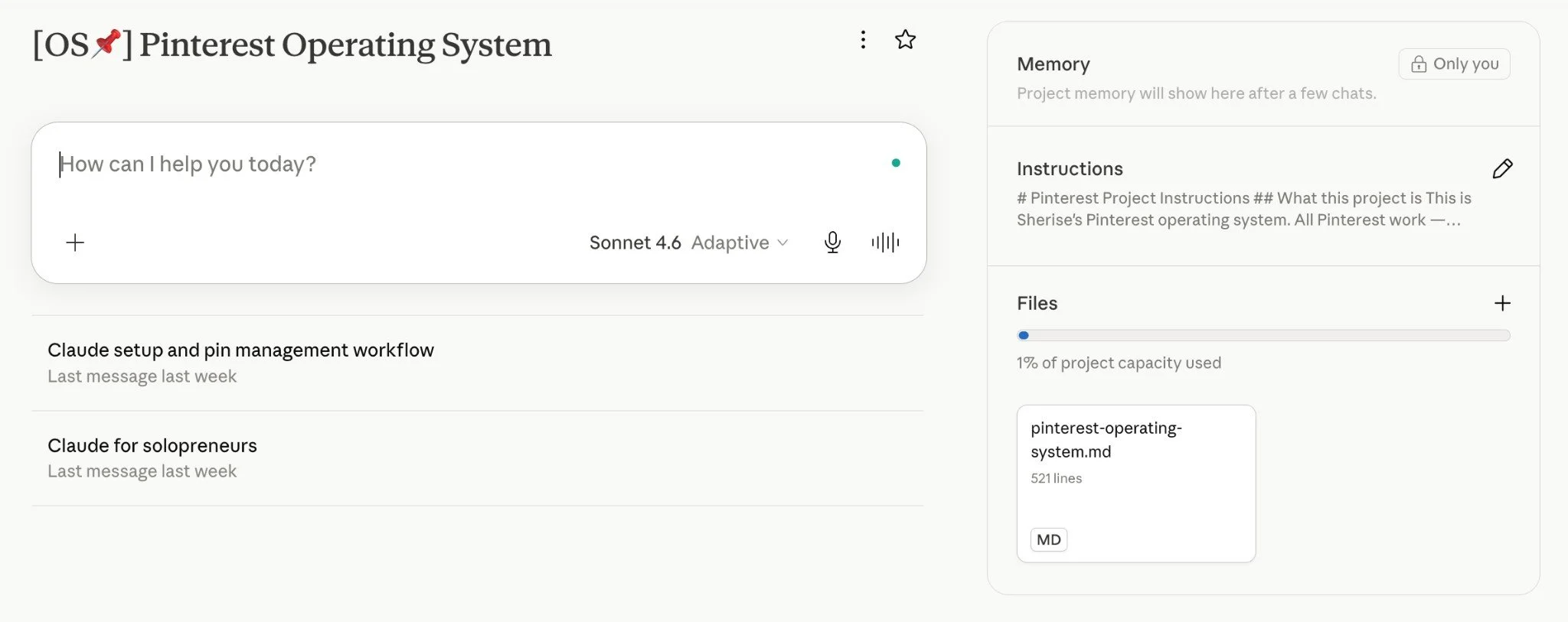 Screenshot of a Claude Project titled "[OS] Pinterest Operating System" showing saved conversation history, project instructions, and an uploaded pinterest-operating-system.md reference file in the Files panel