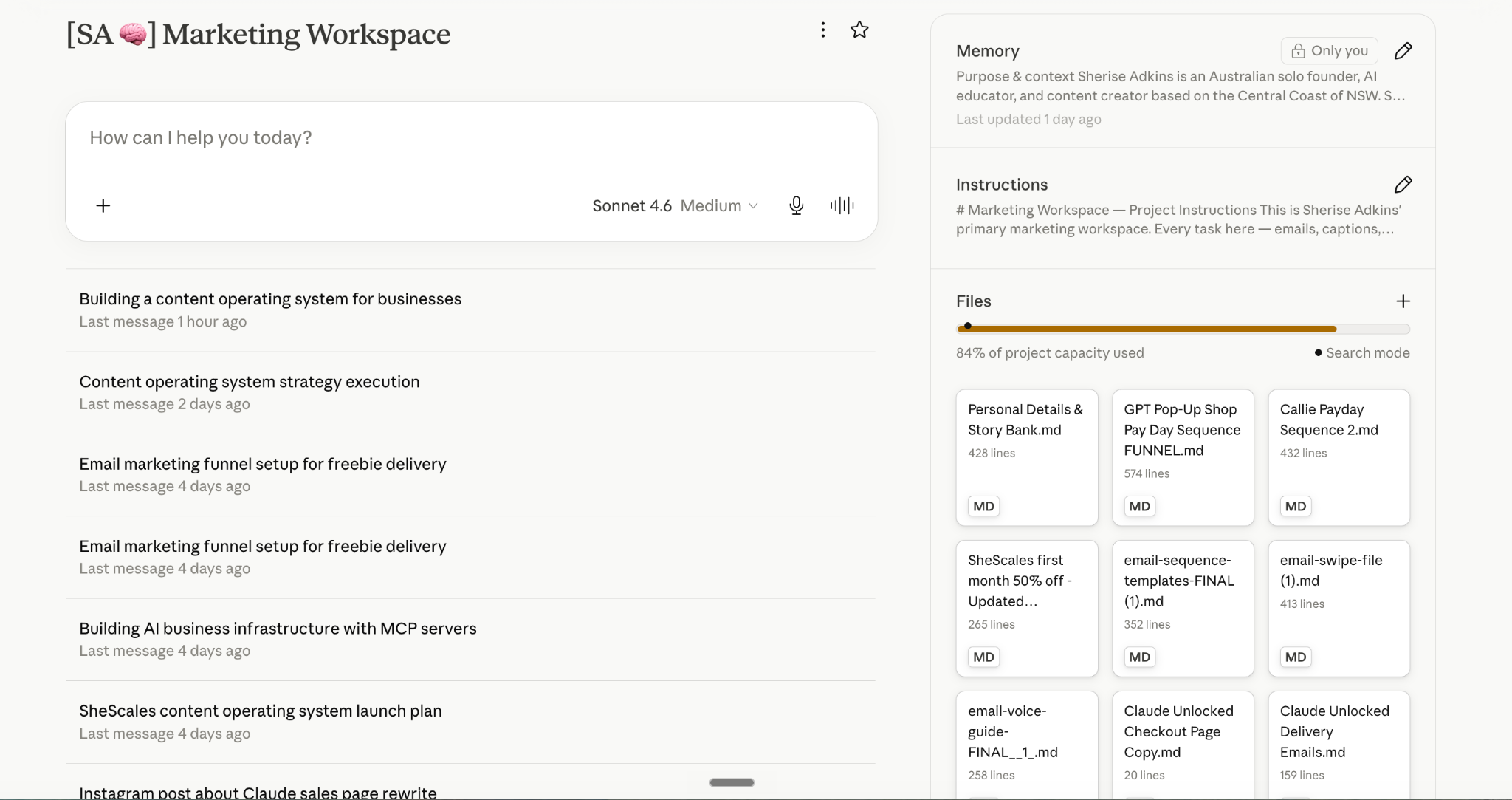 Screenshot of a Claude Project called "[SA] Marketing Workspace", showing the chat box, a list of past chats, a Memory panel describing Sherise Adkins, an Instructions panel and a Files list at 84% of project capacity.