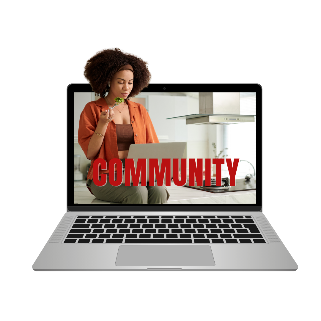 Laptop mockup with the screen reading 'Community', overlaid on a photo of a woman in an orange cardigan gesturing while speaking