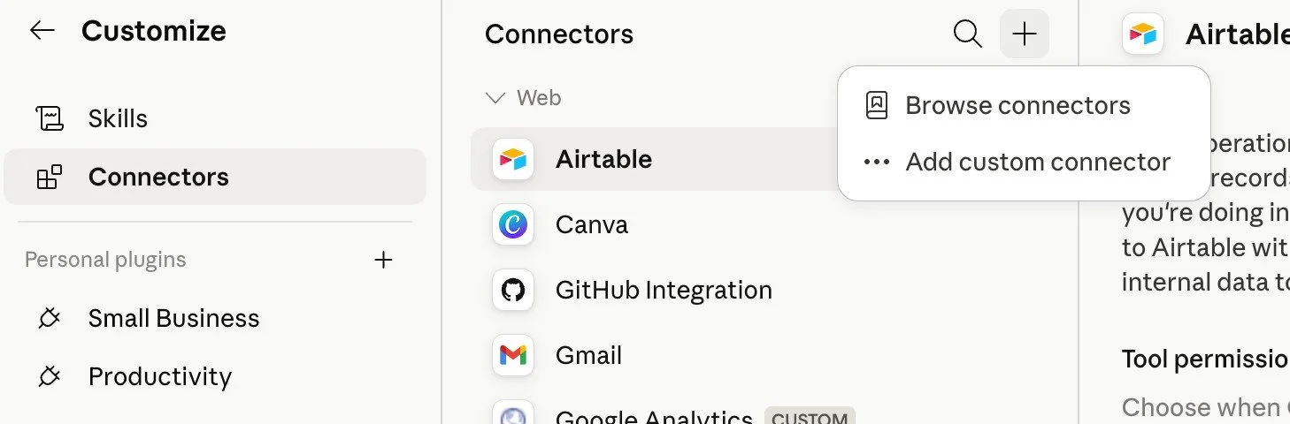 Screenshot of Claude's Connectors panel listing Airtable, Canva, GitHub Integration, Gmail, and Google Analytics (marked Custom), with a menu open showing "Browse connectors" and "Add custom connector" options