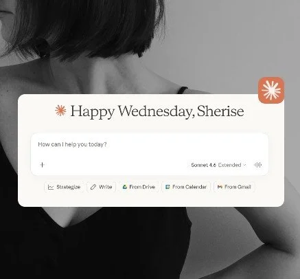 Freebie CTA graphic for the Claude Cowork Setup Kit: black and white photo of a woman from behind, overlaid with Claude's "Happy Wednesday, Sherise" home screen with Strategize, Write, From Drive, From Calendar and From Gmail buttons.