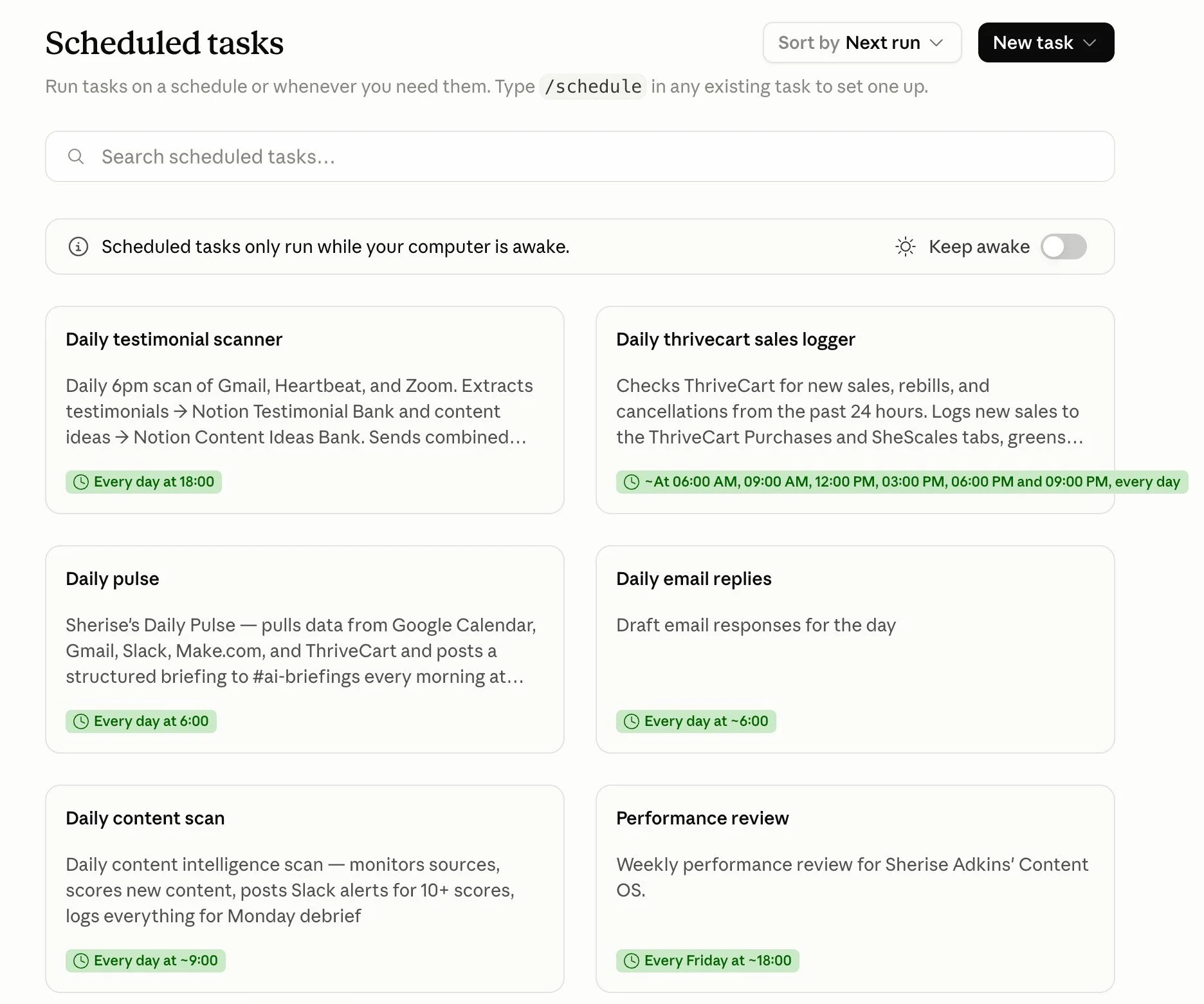 Screenshot of Claude's Scheduled Tasks panel listing automated tasks including a daily testimonial scanner, a ThriveCart sales logger, a daily pulse briefing, and a weekly performance review