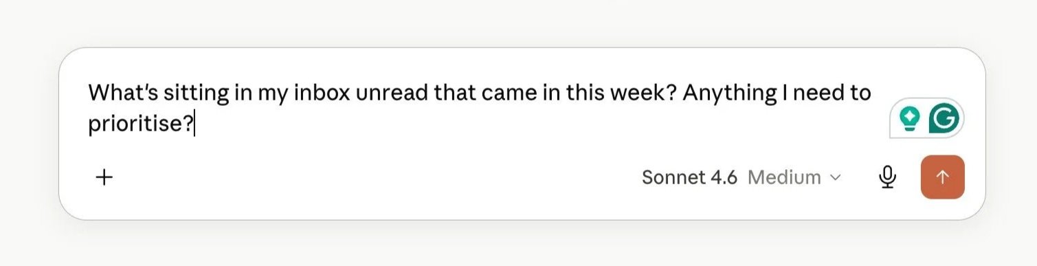 Screenshot of a Claude chat prompt with the Gmail icon, reading: "What's sitting in my inbox unread that came in this week? Anything I need to prioritise?"