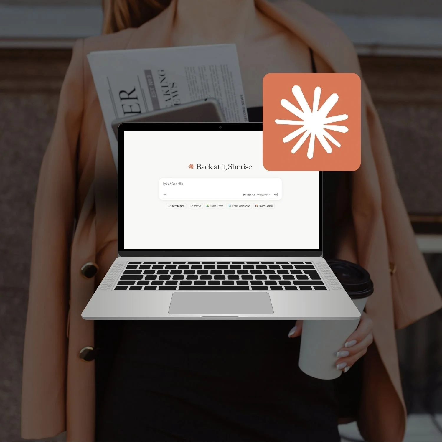 Laptop mockup of the Claude Setup Kit guide, held by a woman in a camel coat