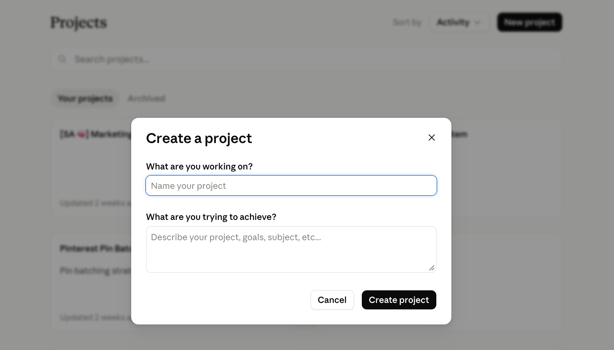 Screenshot of Claude's Projects page with the "Create a project" dialog open, showing the fields "What are you working on?" and "What are you trying to achieve?" and a Create project button.