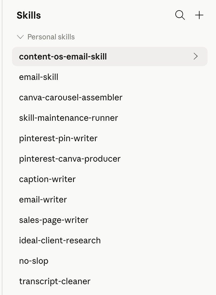 Screenshot of Claude's Skills panel under Personal skills, listing content-os-email-skill (selected), email-skill, canva-carousel-assembler, skill-maintenance-runner, pinterest-pin-writer, caption-writer and sales-page-writer.