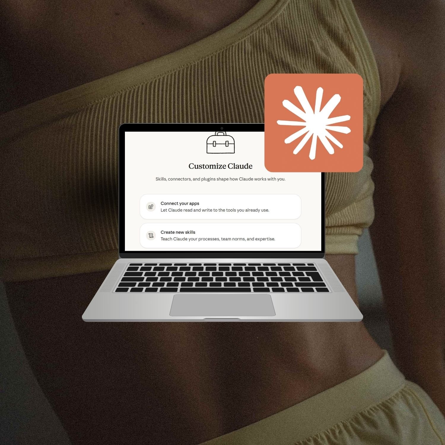 Claude Cowork Setup Kit promo: a laptop shows Claude's Customize Claude panel reading Skills, connectors, and plugins shape how Claude works with you, above Connect your apps and Create new skills cards, beside the orange Claude logo.