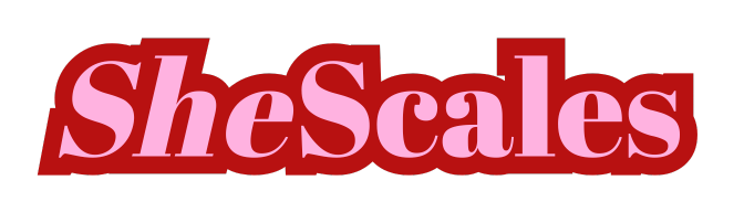 SheScales logo — the word 'She' in pink script and 'Scales' in white, on a red badge shape
