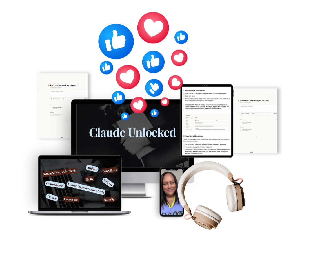 Collage of the Claude Unlocked course: a laptop showing the ten-module list, a tablet showing setup instructions and a phone on a video call, with callouts reading "The only Claude course you'll ever need" and "Step by step guides".