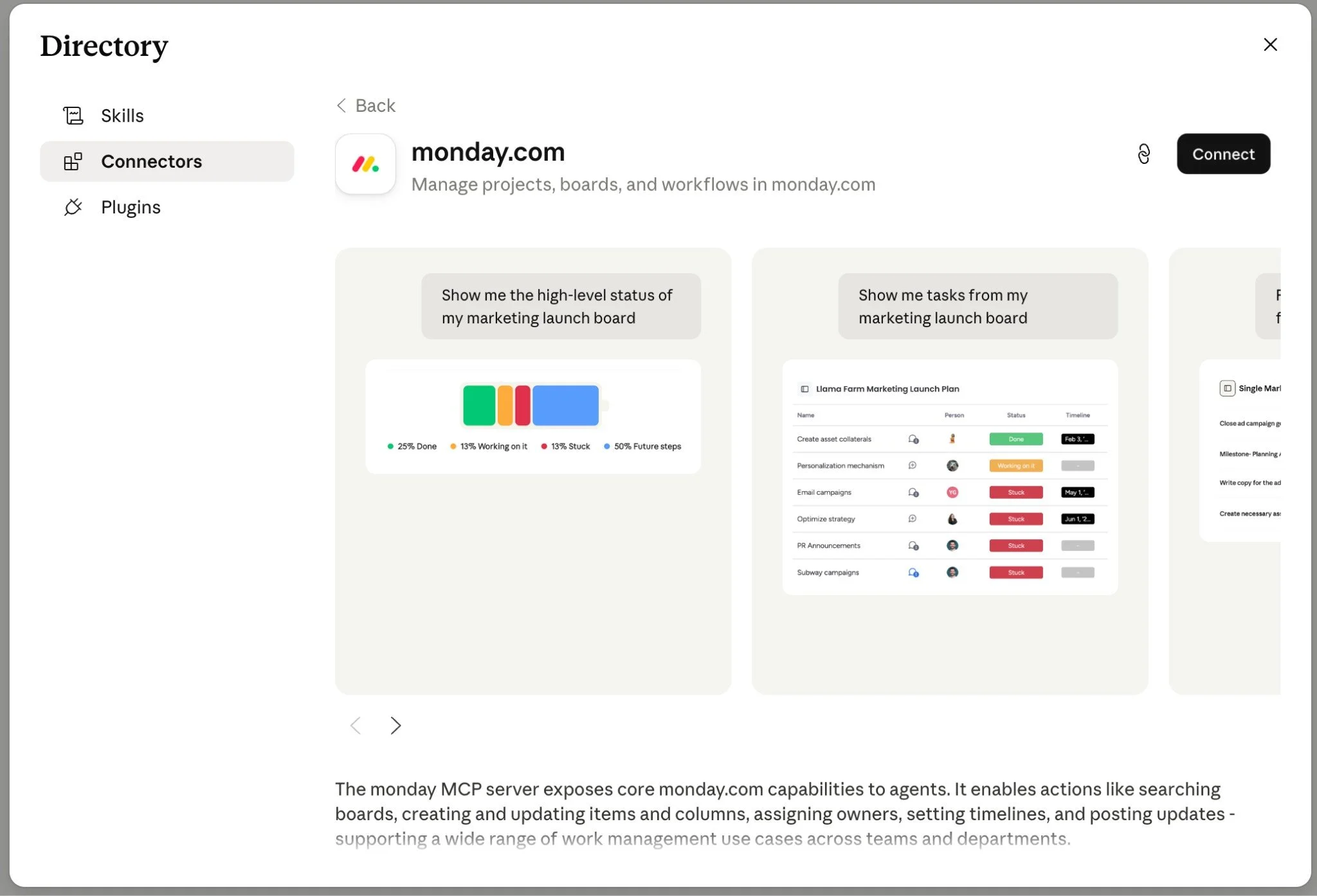 Screenshot of Claude's Connectors directory showing the monday.com connector detail page, with example prompts, sample dashboard screenshots, and a Connect button