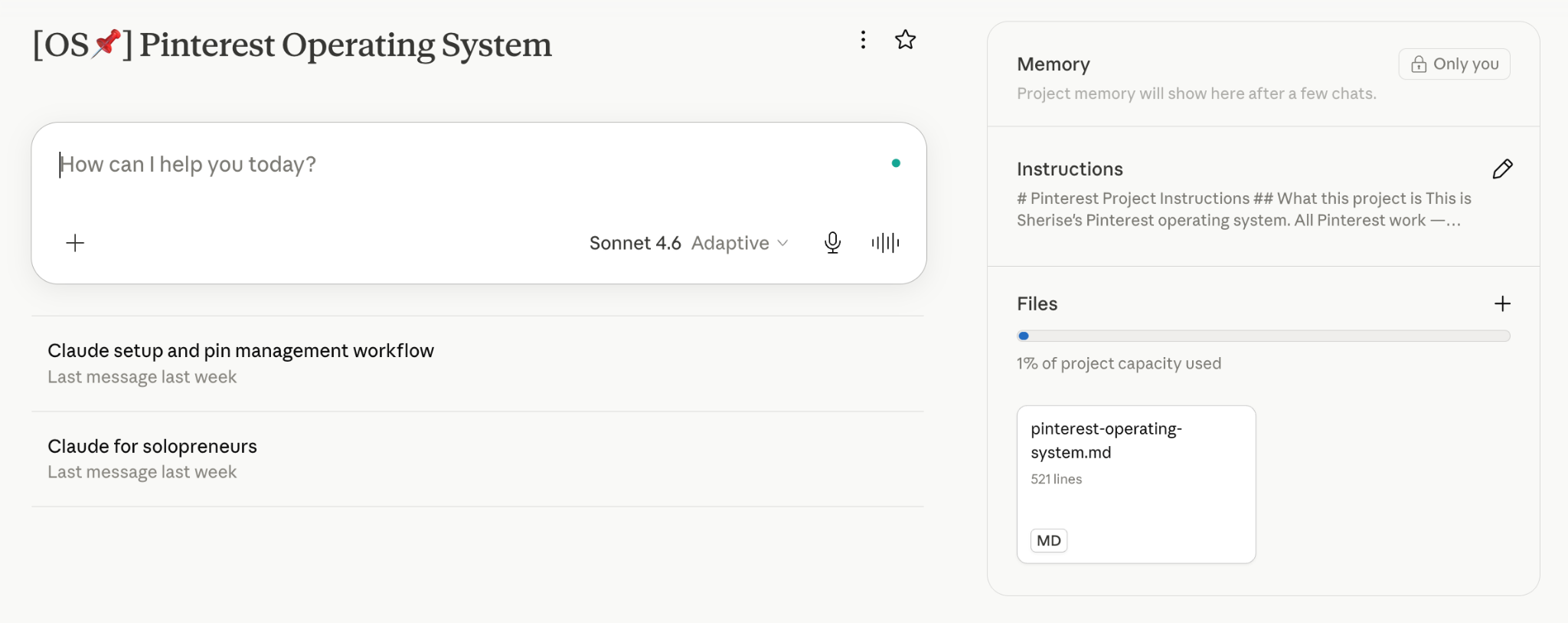 Screenshot of a Claude Project called "[OS] Pinterest Operating System", showing the chat box, chat history, a Memory panel, an Instructions panel and a Files list containing pinterest-operating-system.md.
