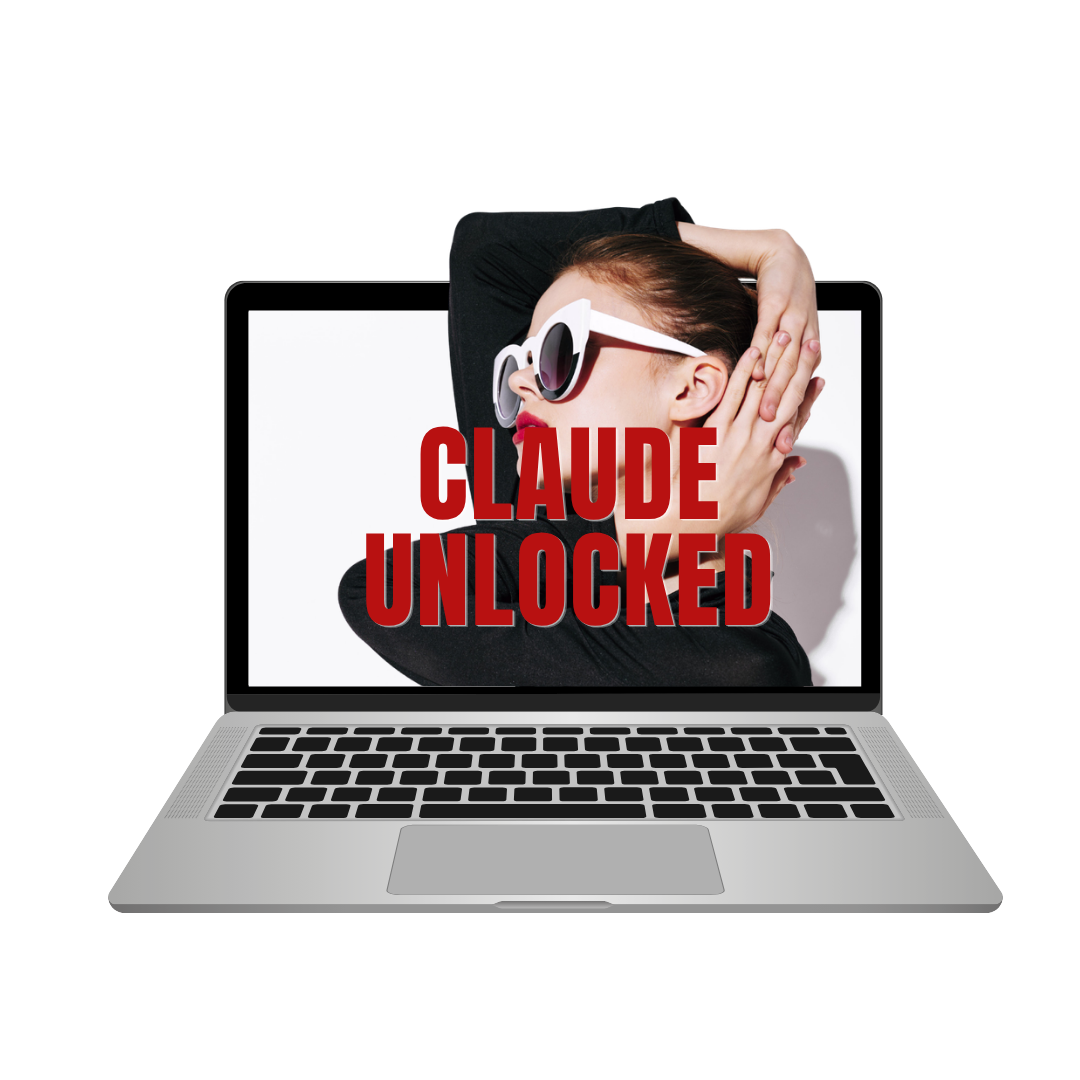 Laptop mockup with the screen reading 'Claude Unlocked', overlaid on a photo of a woman wearing sunglasses with her hand in her hair