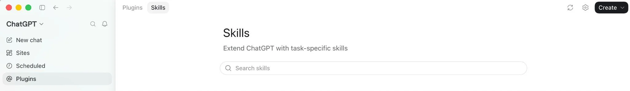 Screenshot of the ChatGPT Skills page: sidebar showing New chat, Sites, Scheduled and Plugins, and a main panel headed "Skills" with the subtitle "Extend ChatGPT with task-specific skills", plus a Search skills bar and Plugins and Skills tabs.