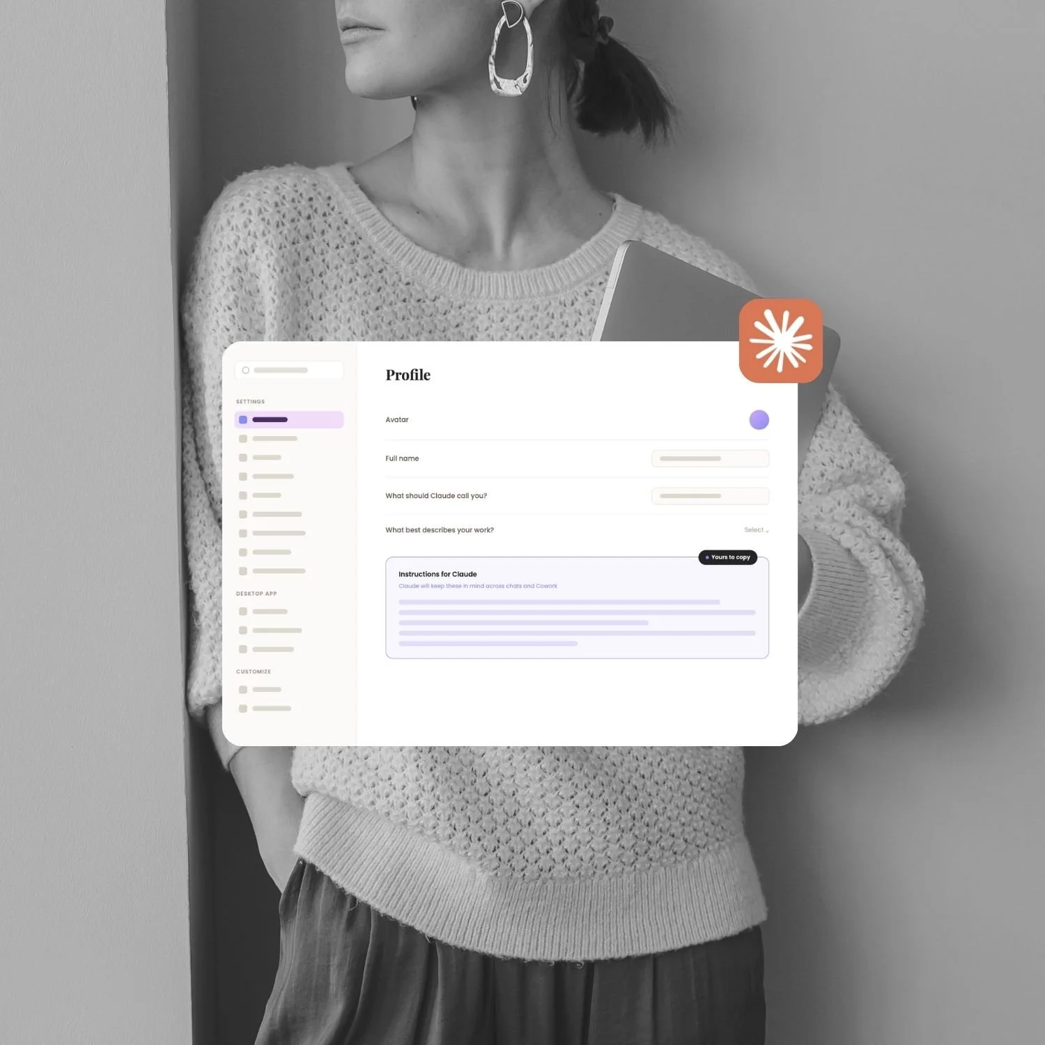 Greyscale photo of a woman in a knit jumper and dark trousers leaning against a wall with a laptop under one arm, overlaid with the coral Claude app icon and a Claude Profile settings mockup with the Instructions for Claude box highlighted.