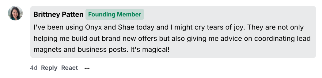 I've been using Onyx and Shae today and I might cry tears of joy. They are not only helping me build out brand new offers but also giving me advice on coordinating lead magnets and business posts. It's magical!