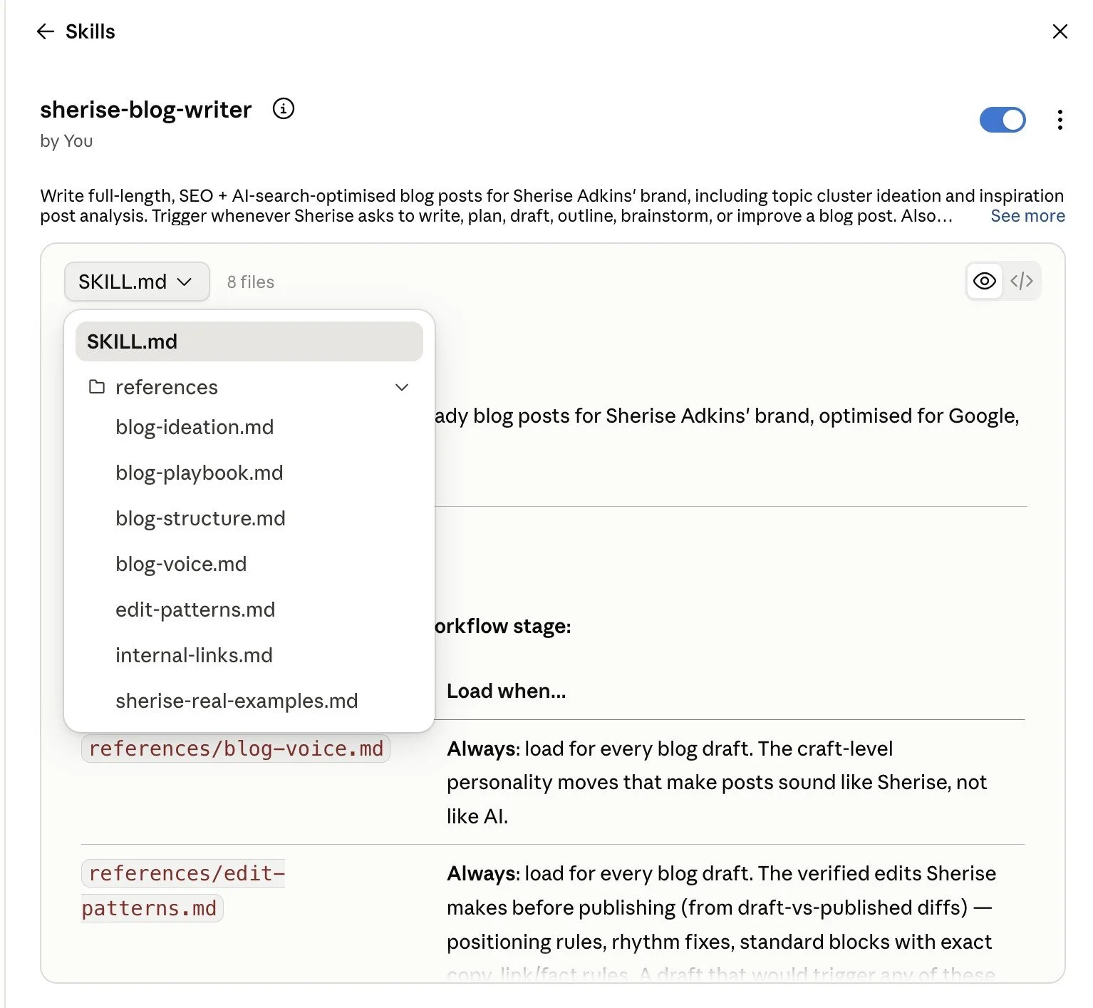 Screenshot of the sherise-blog-writer Skill in Claude's Skills interface, showing SKILL.md and a references folder containing blog-ideation, blog-playbook, blog-structure, blog-voice, edit-patterns and internal-links files.