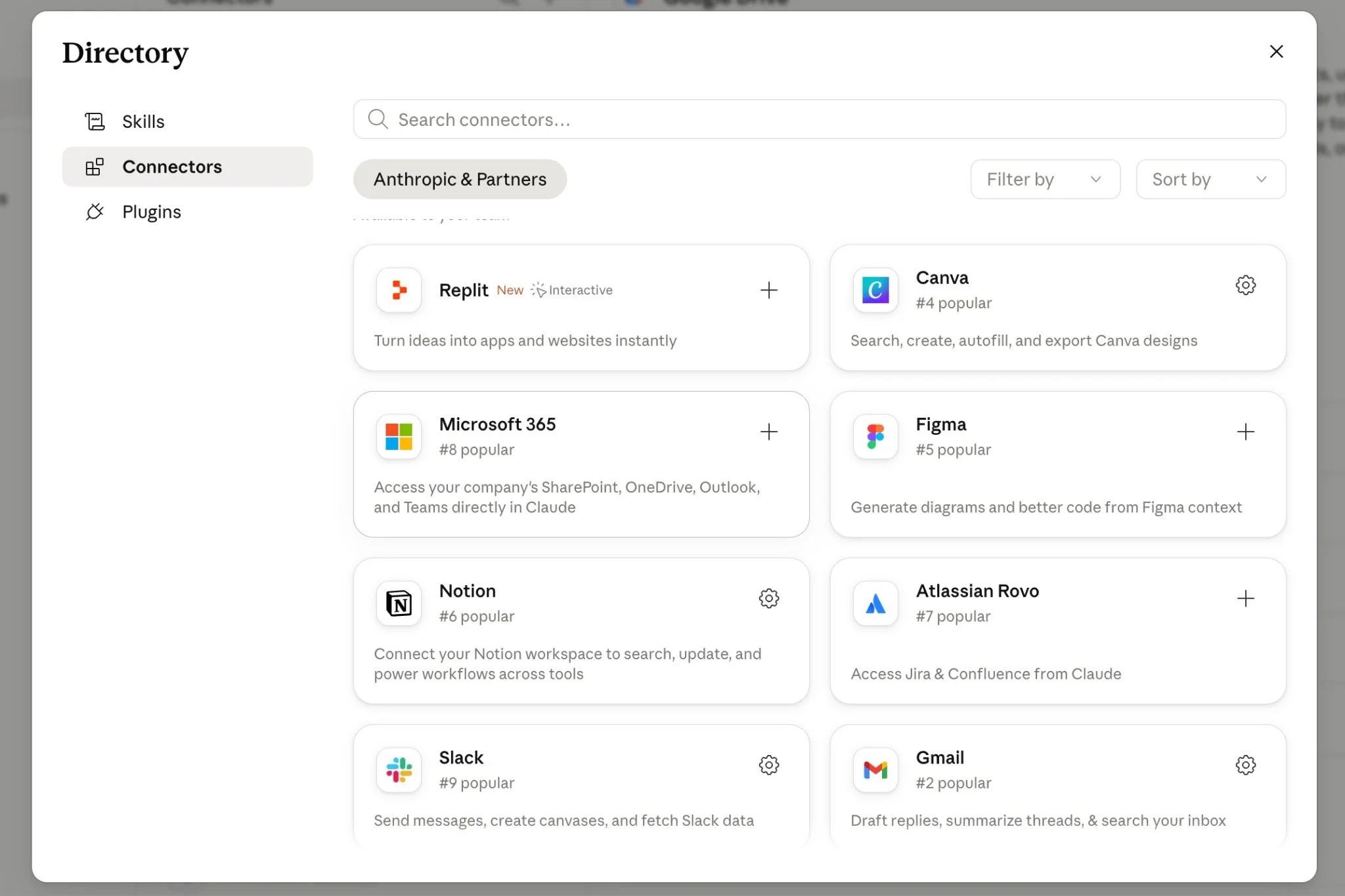 Screenshot of Claude's Connectors directory showing available integrations including Canva, Microsoft 365, Figma, Notion, Atlassian Rovo, Slack, and Gmail, each with a short description and popularity ranking