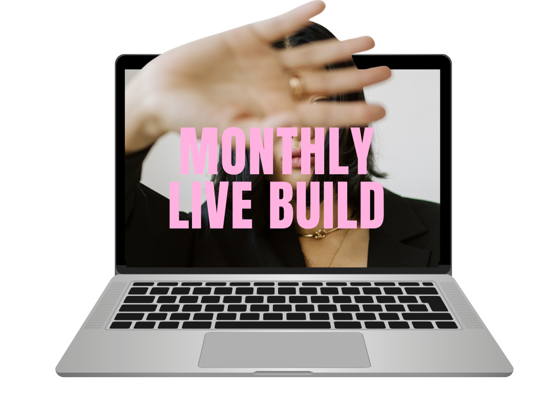 Laptop mockup with the screen reading 'Monthly Live Build', overlaid on a photo of a woman with her hand raised