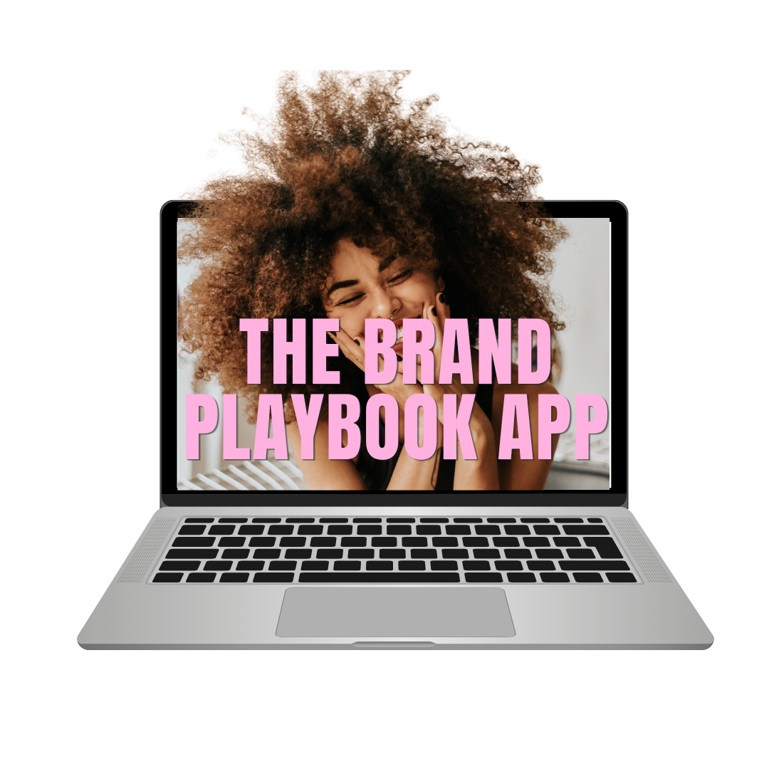 Laptop mockup with the screen reading 'The Brand Playbook App', overlaid on a photo of a woman with curly hair