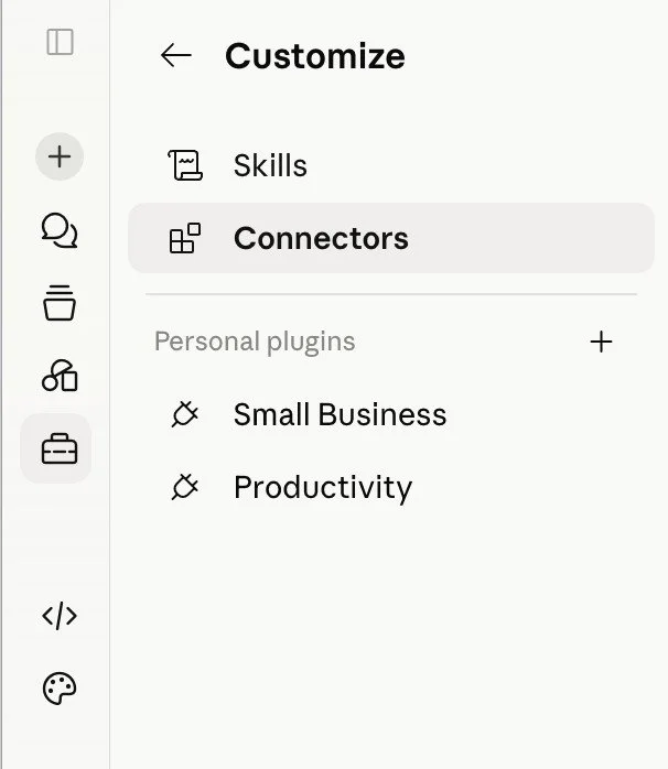 Screenshot of Claude's Customize sidebar showing Skills and Connectors tabs, plus Personal plugins listed as Small Business and Productivity