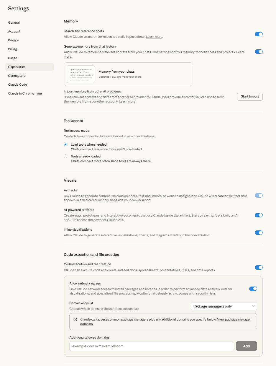 Screenshot of Claude's Settings > Capabilities page, showing Memory options, Tool access mode, Visuals toggles for Artifacts and inline visualisations, and Code execution and file creation settings.