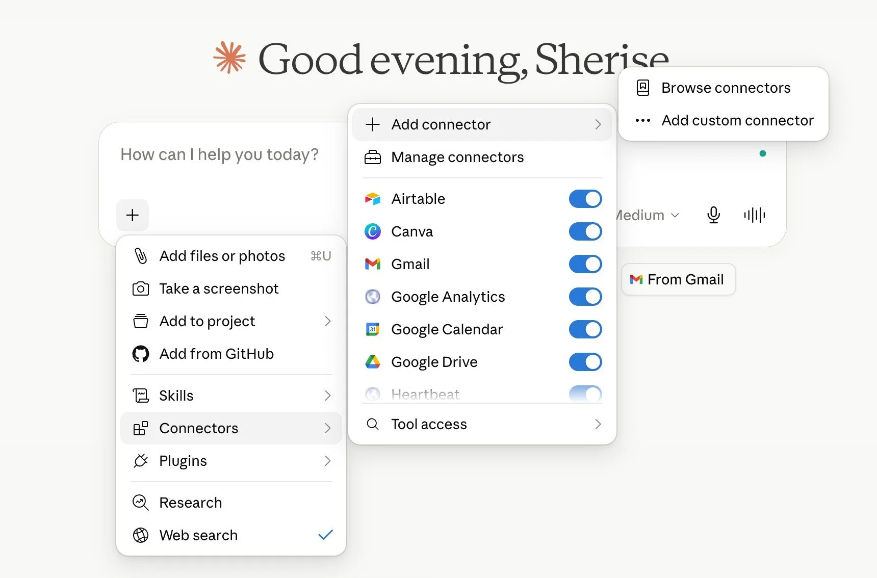 Screenshot of Claude's Connectors submenu showing toggle switches for connected apps including Airtable, Canva, Gmail, Google Analytics, Google Calendar, Google Drive, and Heartbeat, with options to add or manage connectors