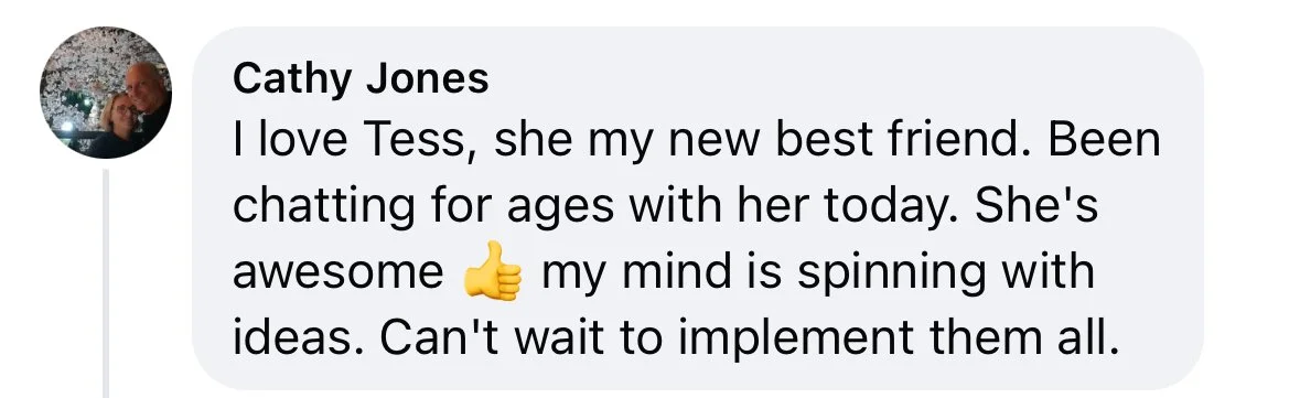 Testimonial from Cathy Jones reading 'I love Tess, she my new best friend. Been chatting for ages with her today. She's awesome 👍 my mind is spinning with ideas. Can't wait to implement them all.'