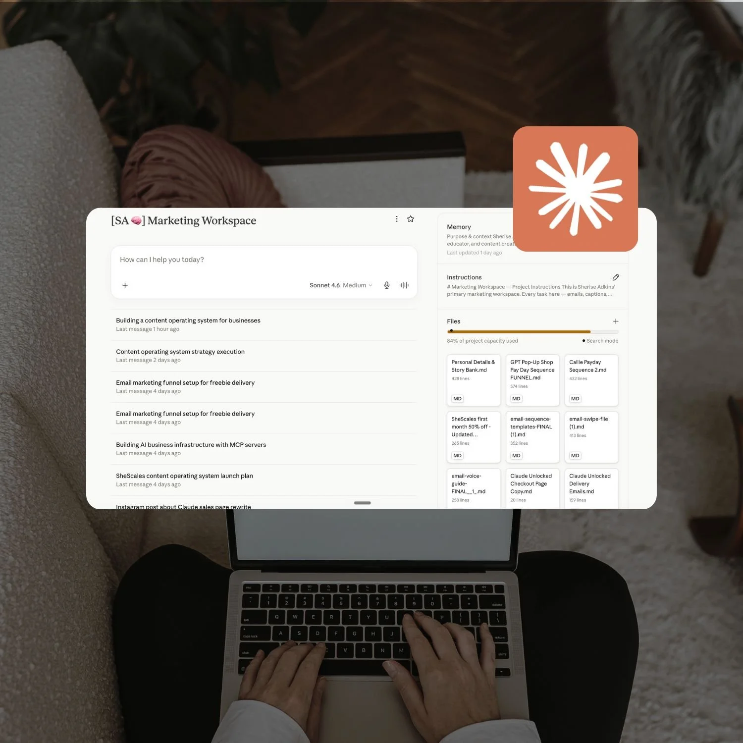 Photo of a person typing on a laptop on their lap, overlaid with a Claude Project mockup titled "[SA] Marketing Workspace" showing its chat history, Memory and Instructions panels and a Files list, plus the orange Claude logo.