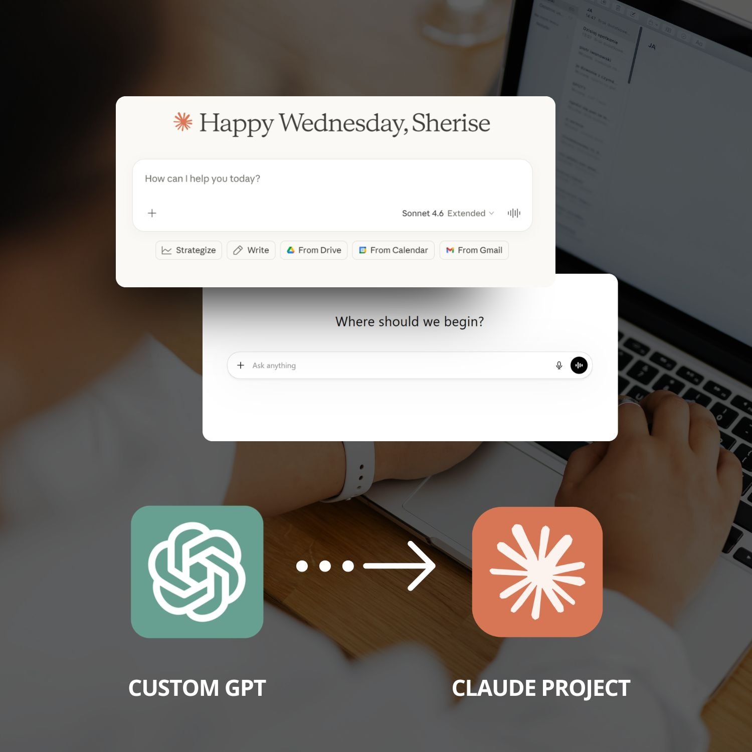 Photo of a person at a laptop with a Claude chat card reading "Happy Wednesday, Sherise" and a ChatGPT interface overlaid, and below, the ChatGPT logo labelled "Custom GPT" with a dotted arrow pointing to the Claude logo labelled "Claude Project".