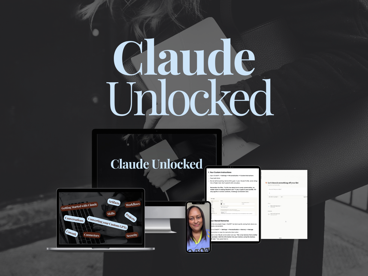Claude Unlocked course preview shown across laptop, monitor, and phone screens