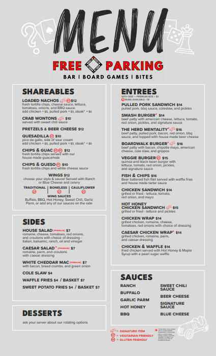 Menu board displaying options for shareables, sides, entrees, sauces, and desserts at a bar or restaurant. Includes items like crab wontons, fried cauliflower wings, brisket flatbread, chicken sandwich, veggie burger, Caesar chicken wrap, fish and chips, and various sauces.