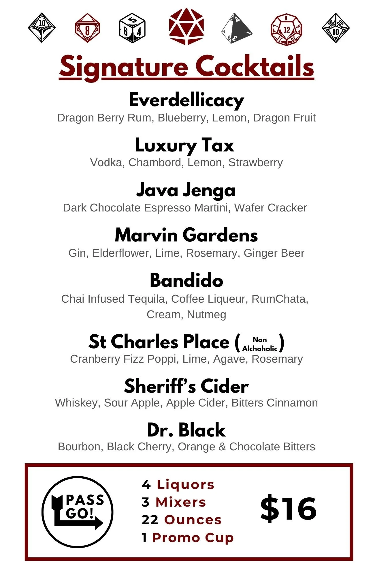 Drink menu featuring signature cocktails called Mr. Green, Luxury Tax, Mrs. Peacock, Marvin Gardens, Miss Scarlet, St Charles Place, and Dr. Black, each with their ingredients listed and priced at $12 or $8. Also, a group package for 4 liquors, 3 mixers, 22 ounces, and 1 promo cup cost $16, with a decorative border and icons of gaming dice at the top.